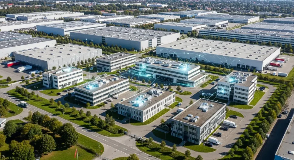 AI-industrial-resilience Veduta aerea realistica di un’area industriale europea con stabilimenti e hub logistici connessi